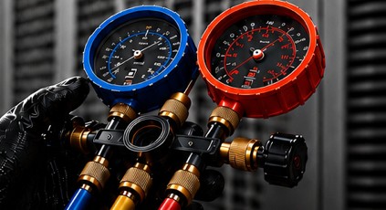 Gloved hand holding a manifold gauge set with blue and red pressure gauges in front of an HVAC condensing unit