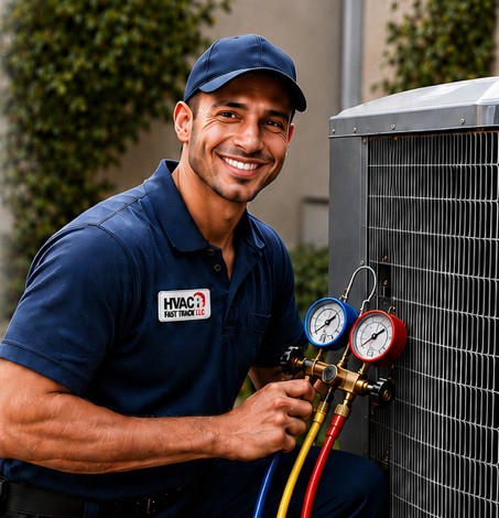 Smiling HVAC technician in a navy uniform kneeling beside an outdoor condenser unit, holding a manifold gauge set